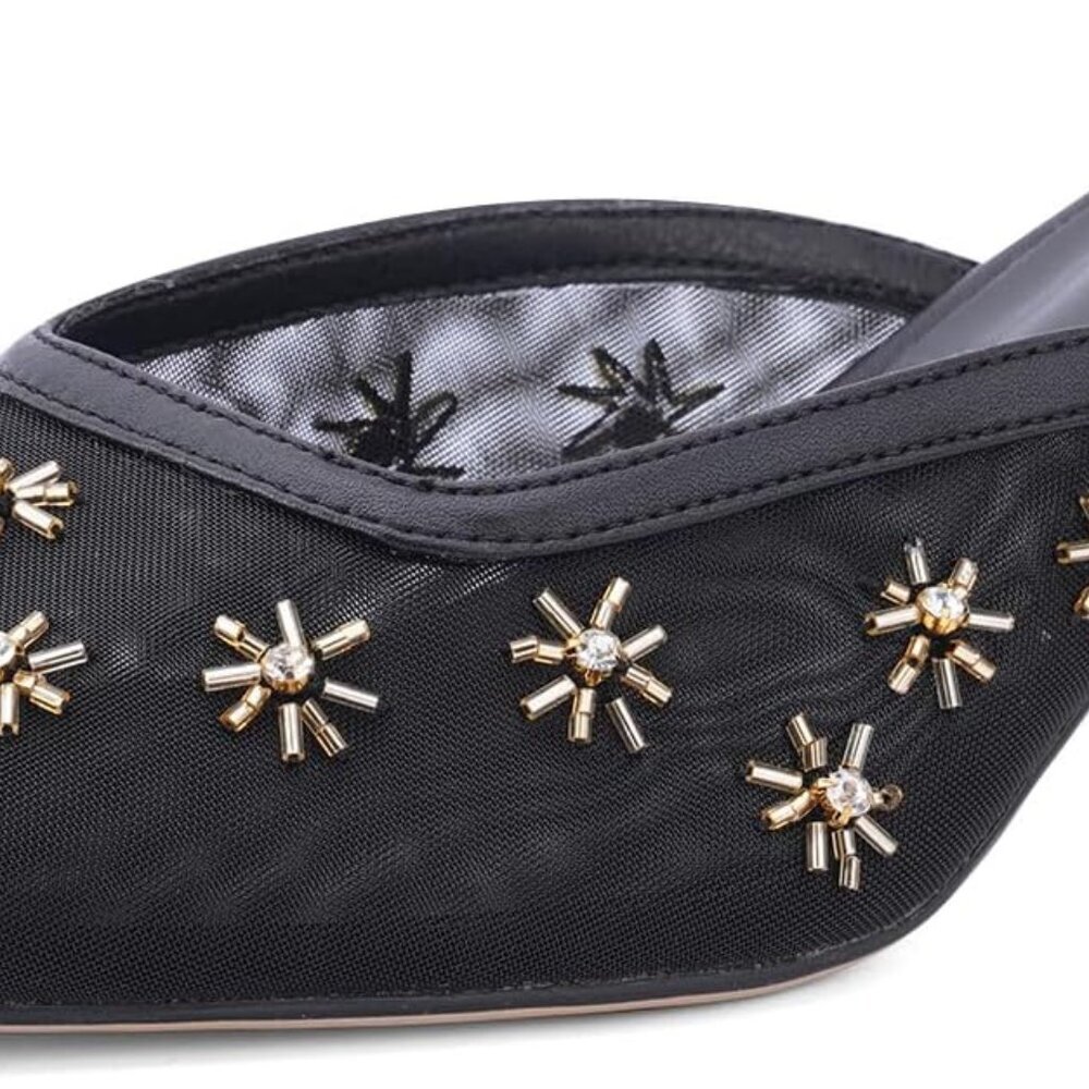 Women Kitten Heel Mules Crystal Flower Mesh Pointed Toe Low Heel Pumps